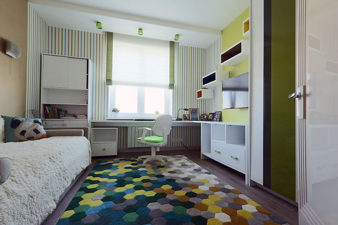 a combination of stripes and plain wallpaper