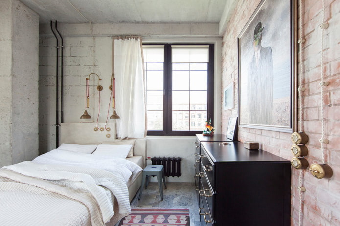 bedroom with brick-like wallpaper