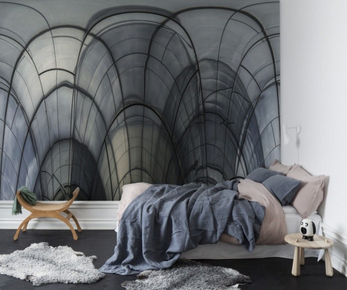 small bedroom with a minimalist design and finishing with 3D wallpaper