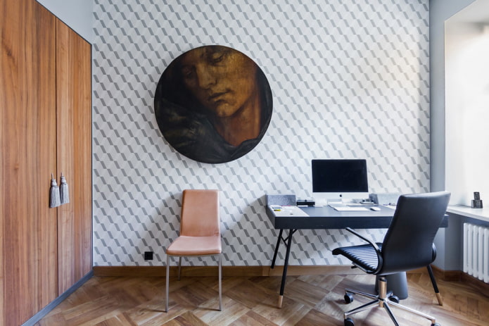 modern style office with wallpaper on the walls