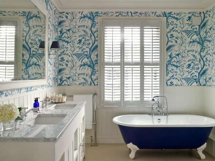 a combination of wallpaper and panels in the bathroom