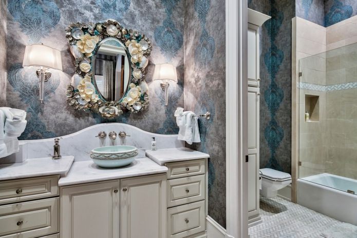Vinyl wallpaper in the bathroom interior