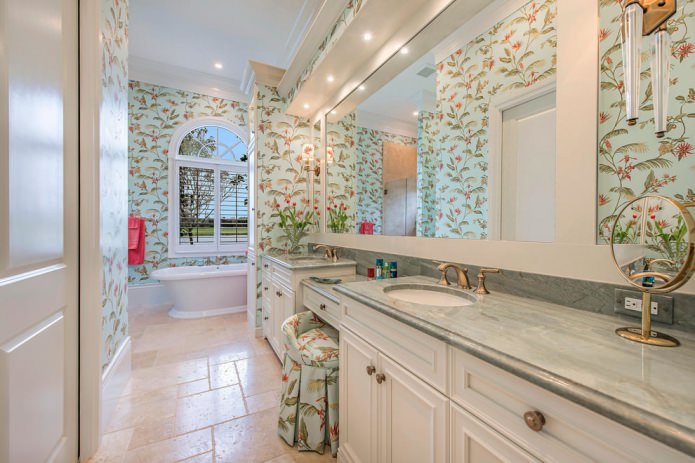 wallpaper with a pattern in the bathroom interior