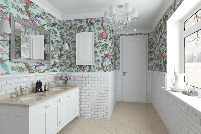 a combination of pastel wallpaper with a bright pattern and decorative brick in the bathroom