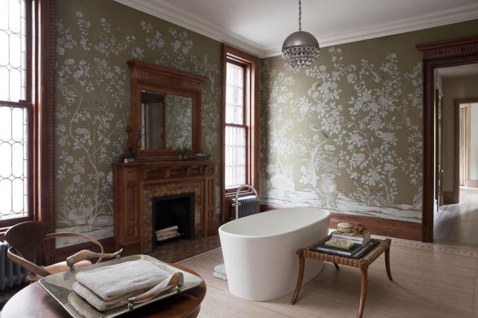green wallpaper in the interior of the bathroom with a fireplace