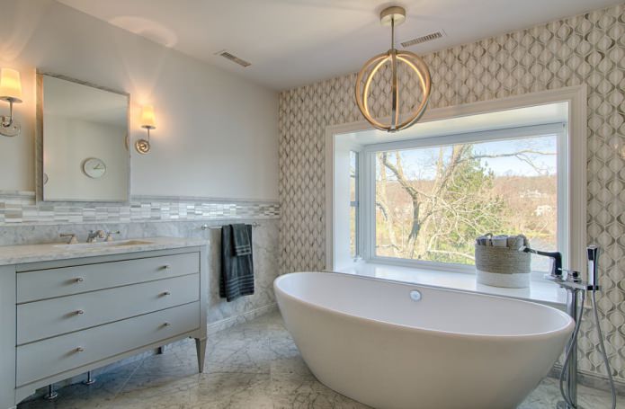 wallpaper in a bathroom with a window