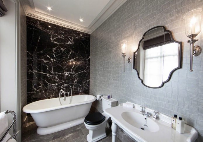 Self-adhesive wallpaper with a stone texture in the bathroom