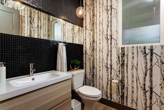 photo wallpaper imitating tree trunks trees in the bathroom
