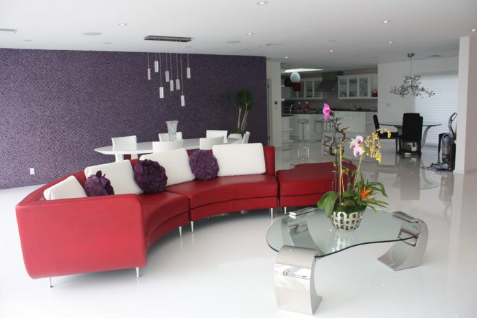 living room design with a red sofa