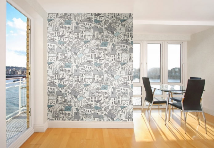 paper wallpaper with a city pattern in the interior