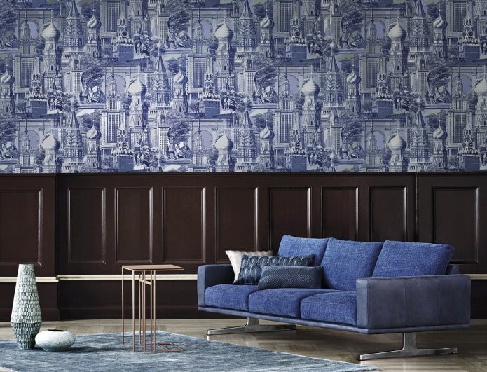 blue wallpaper with city print in the interior