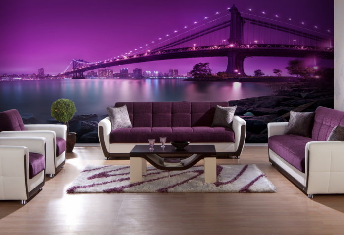 lilac wallpaper with a city image in the interior