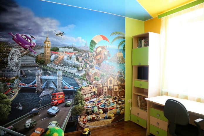 wallpaper with an image of a city in a child's room