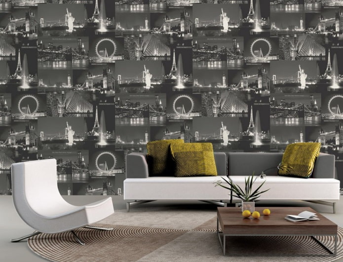 vinyl wallpaper with a city pattern in the interior