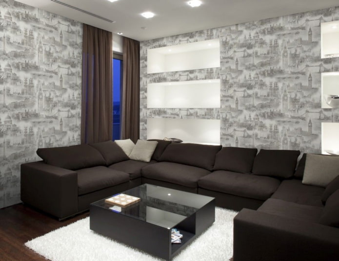 gray wallpaper with a city print in the interior