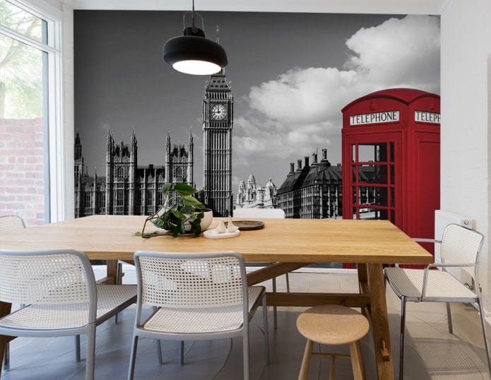 photo wallpaper with the image of London in the interior of the dining room