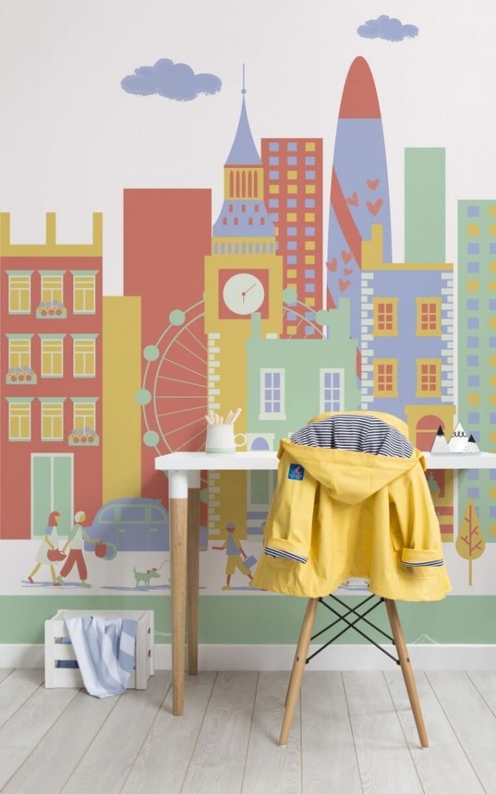 wallpaper with a painted city in the interior