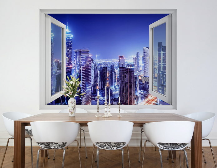 photo wallpaper with a view of the city from the window in the dining room