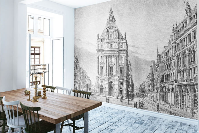 wallpaper with the image of an ancient city in the kitchen interior