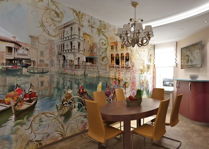 photo wallpaper with the image of Venice in the kitchen interior
