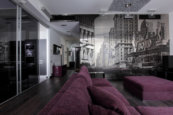 photo wallpaper with New York in the living room interior