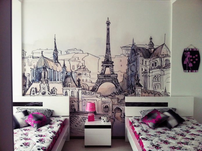 wallpaper with the image of Paris in the living room interior