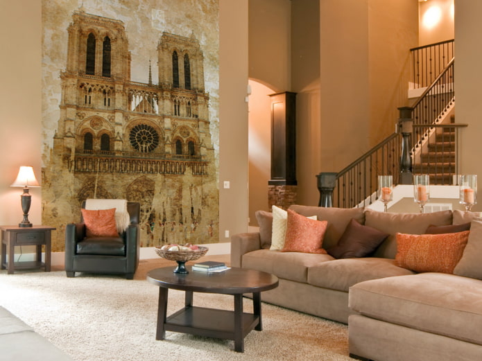 photo wallpaper with the image of Notre Dame de Paris in the living room interior