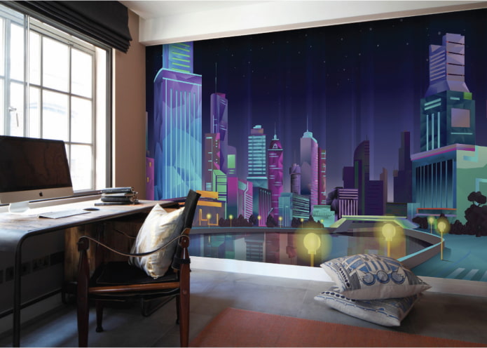 wallpaper with a painted city in the interior