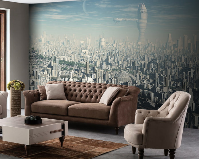 photo wallpaper with the image of a futuristic city in the interior