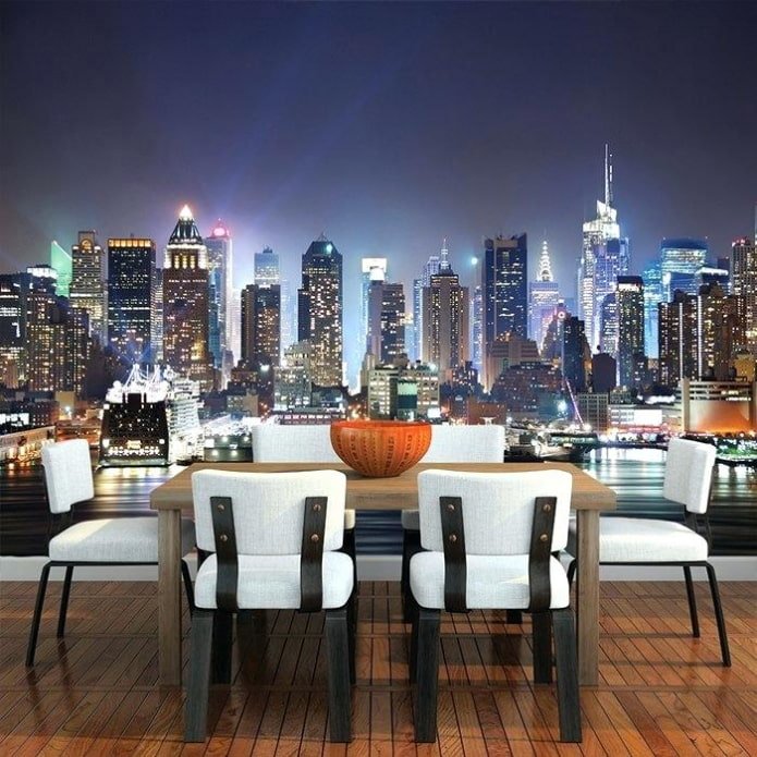 photo wallpaper with a night city in the interior