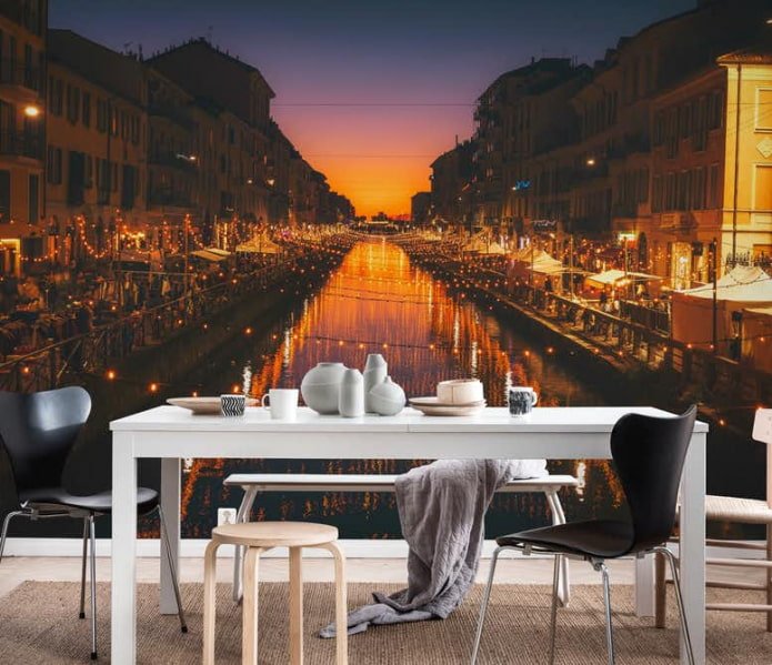 photo wallpaper with a night city in the interior