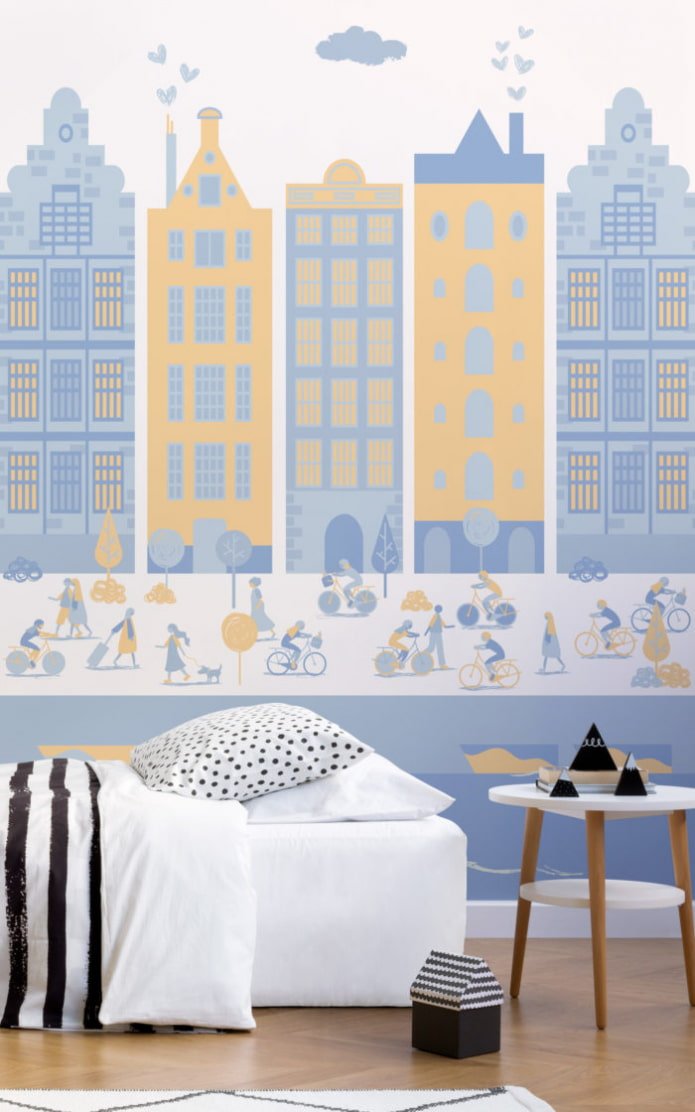 wallpaper with a painted city in the interior