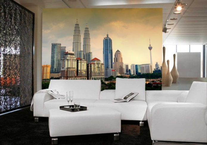 photo wallpaper with the image of the city in the living room