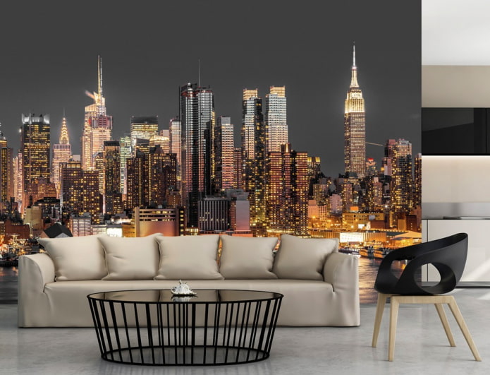 photo wallpaper with a city image in the living room