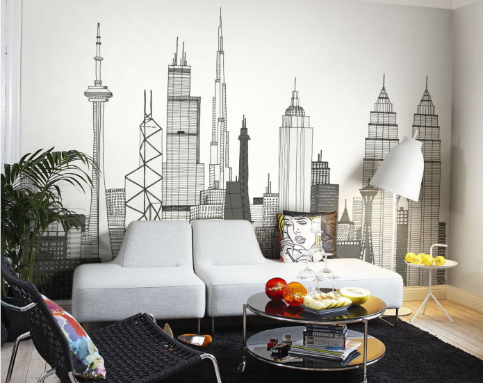 non-woven wallpaper with a city pattern in the interior
