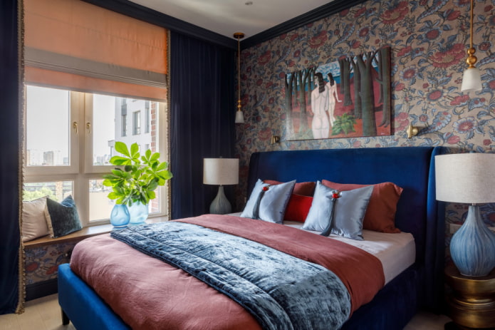 Wallpaper pattern and blue curtains