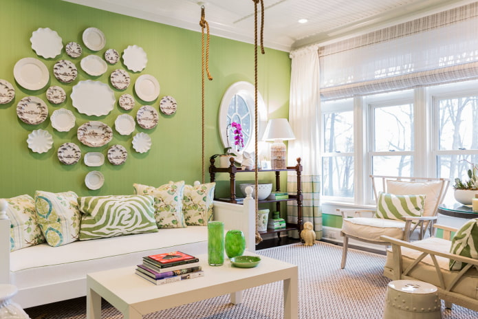 Light green wallpaper, ivory curtains