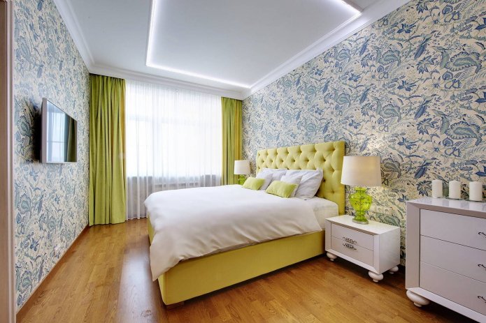 bedroom in blue and yellow