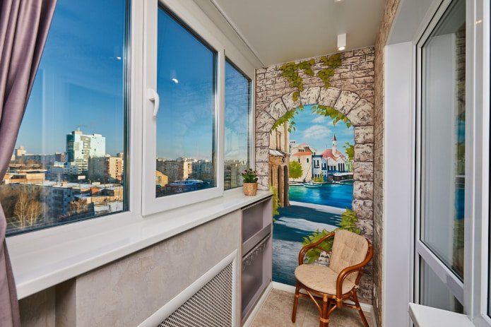 loggia with photo wallpaper finishing