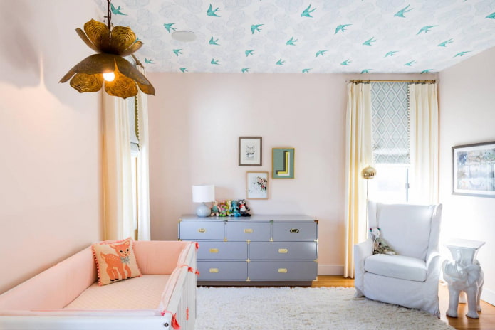 children's room interior with wallpaper on the ceiling