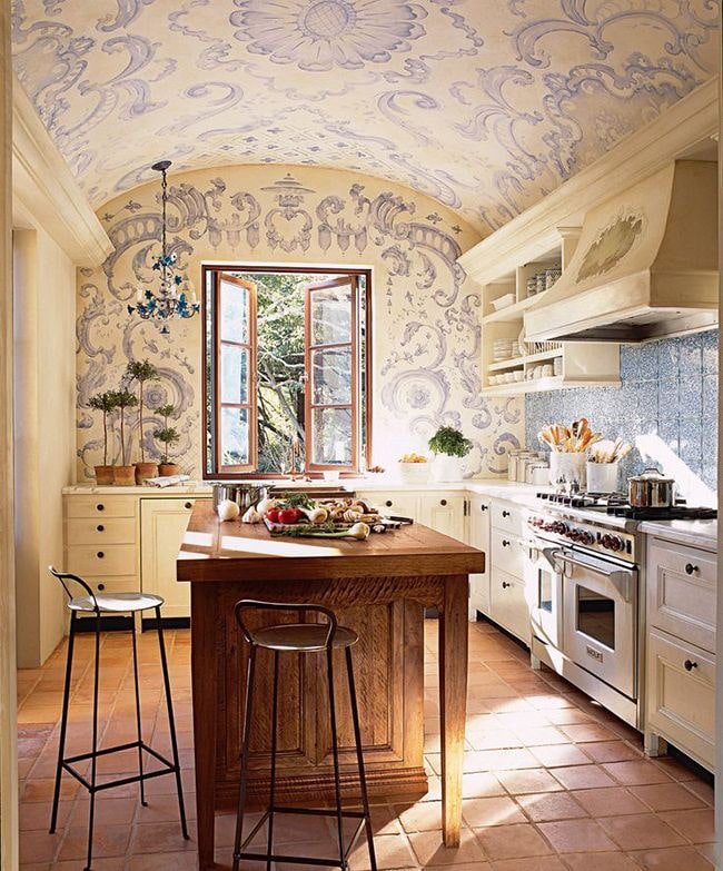 ceiling wallpaper in the kitchen interior