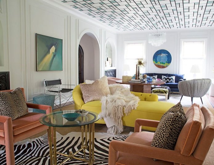 ceiling wallpaper in the living room interior