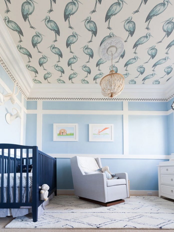 children's room interior with wallpaper on the ceiling