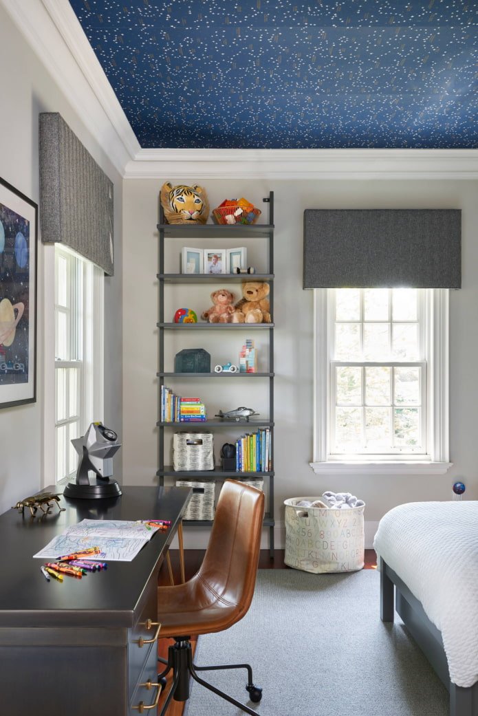 blue wallpaper on the ceiling 