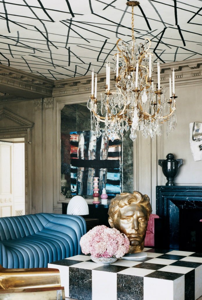 ceiling wallpaper in the living room interior