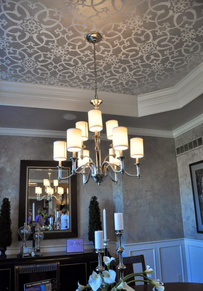 gray wallpaper on the ceiling