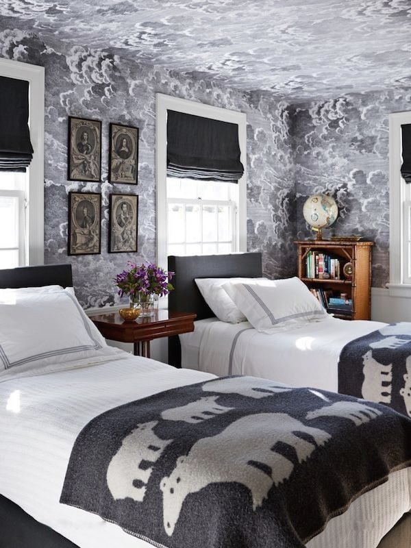 gray wallpaper on the ceiling