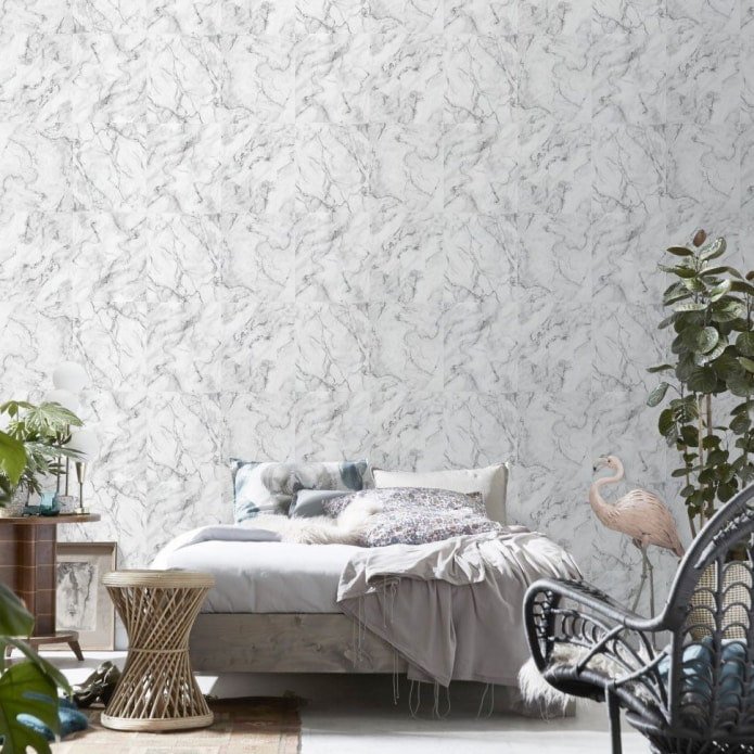 stone wallpaper in the bedroom interior