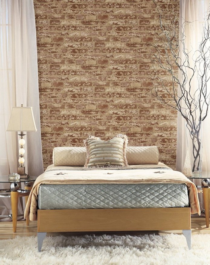 stone wallpaper in the bedroom interior