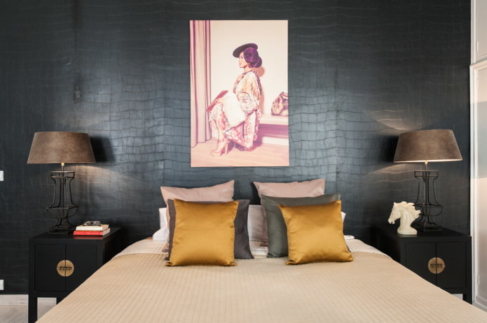 leather wallpaper in the bedroom interior